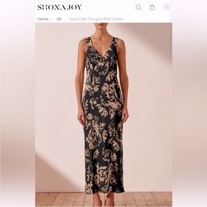 Shona Joy Dawn Plunged Neck Black Printed Midi Dress NWT